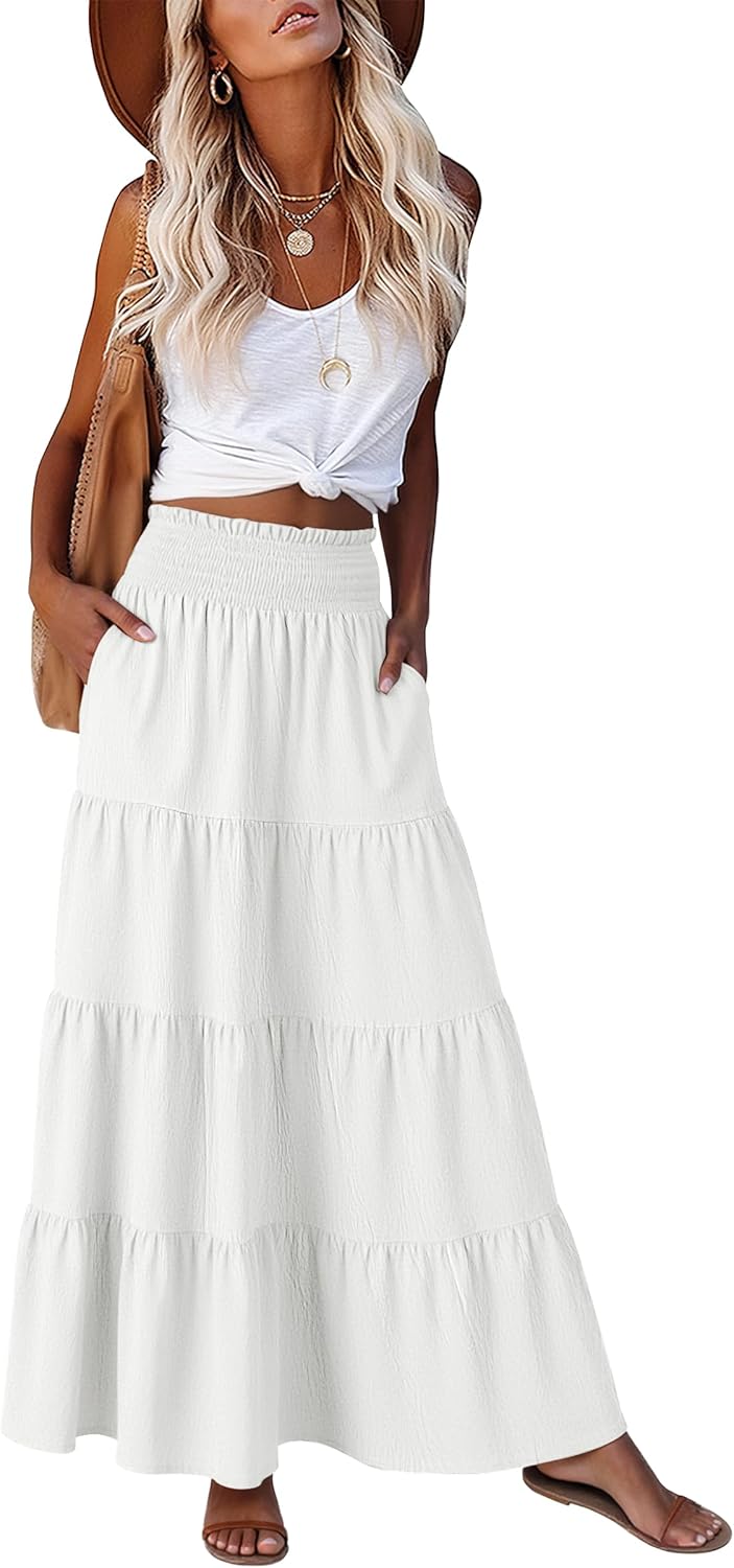 Juna Saia Maxi Feminina – Saia Boémia Cintura Alta com Elástico e Folhos Verão