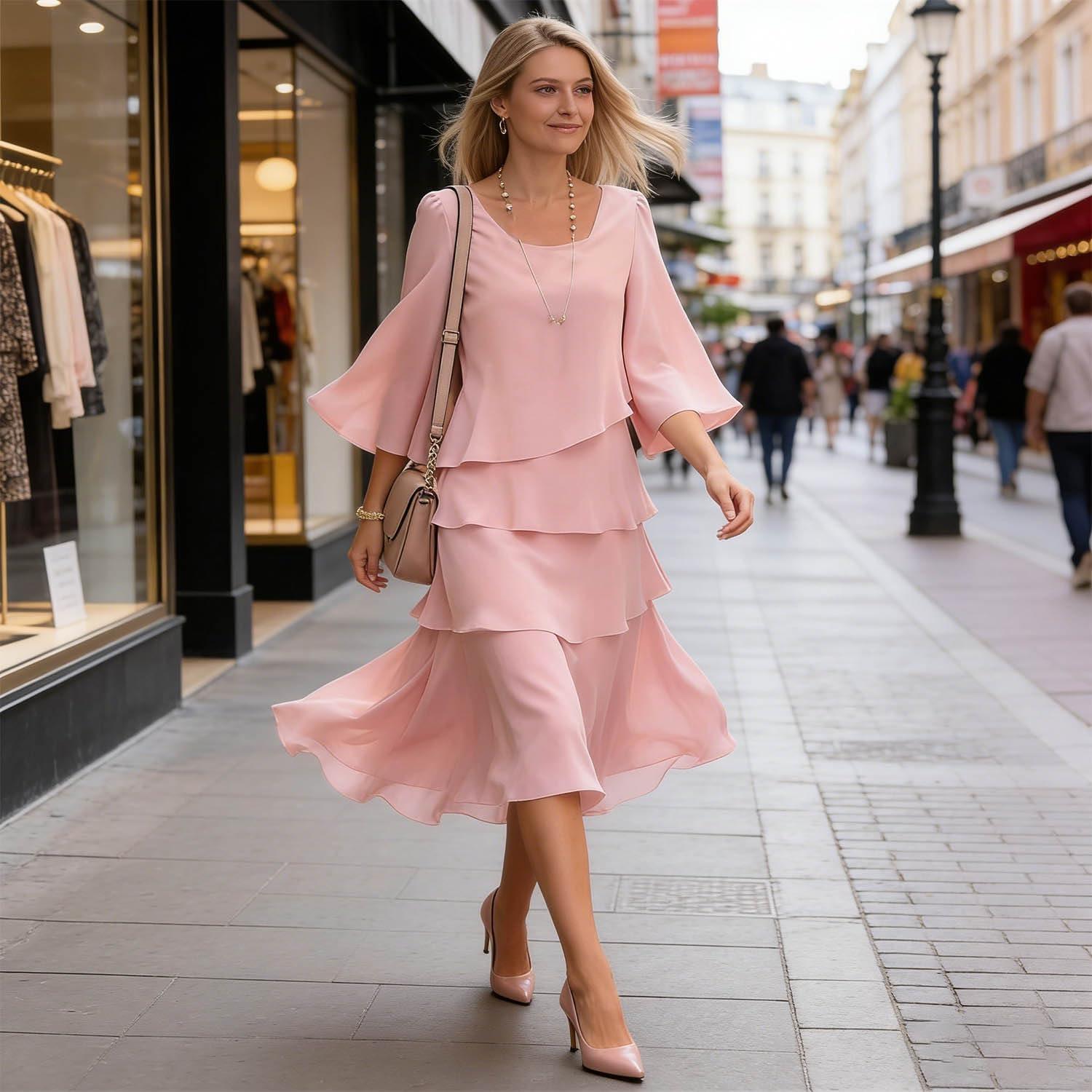 Rochie Camille pentru femei – Rochie midi cu volane și mâneci evazate, elegantă pentru cocktail și nuntă