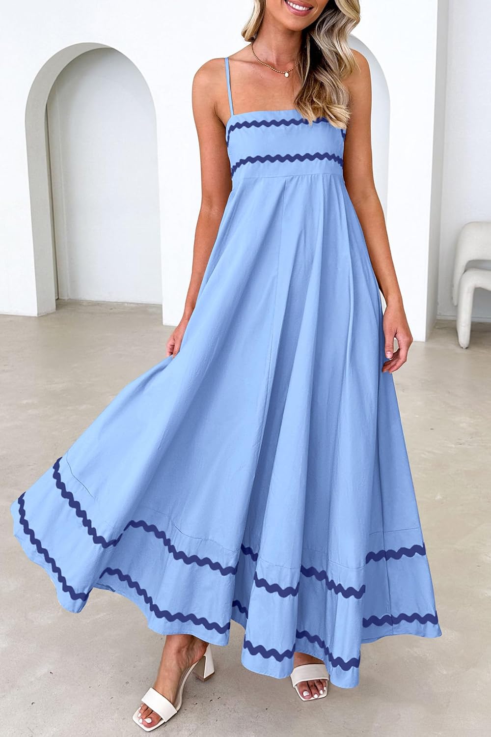Luan Robe Maxi Femme Été – Robe Longue Bretelles Fines Col Carré, Volants & Coupe Fluide