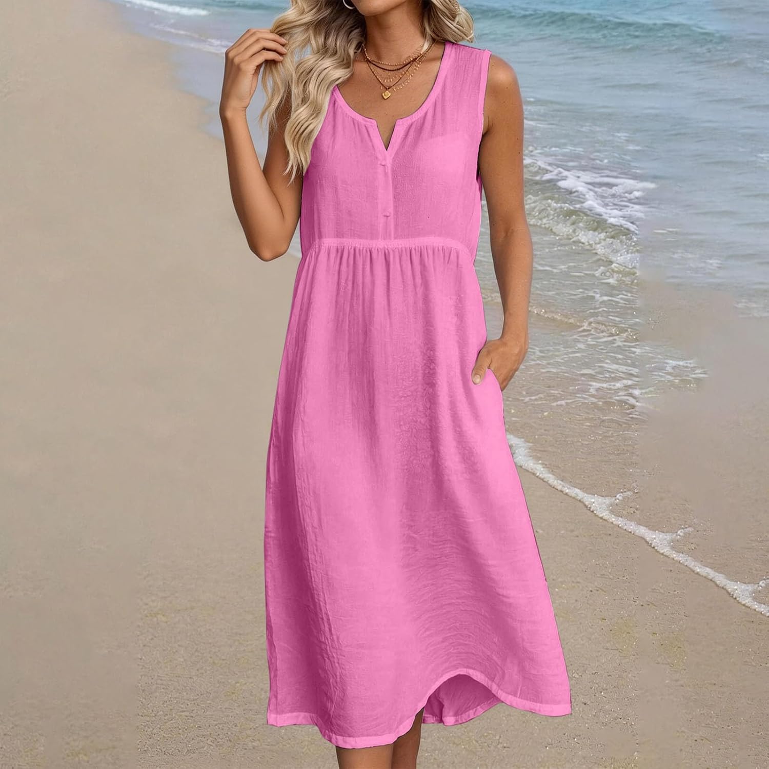 Rochie Anna Femme – Rochie midi din in cu decolteu în V, fără mâneci, cu buzunare, croială fluidă, vară