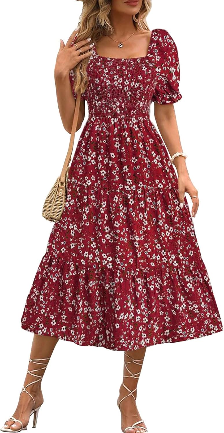 Vestido Angeli para mujer con flores – mangas abullonadas, cintura anudada, corte mini verano chic