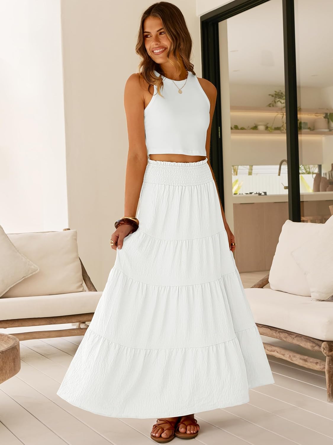 Juna Jupe Maxi Femme – Jupe Bohème Taille Haute Smockée & Volants Été