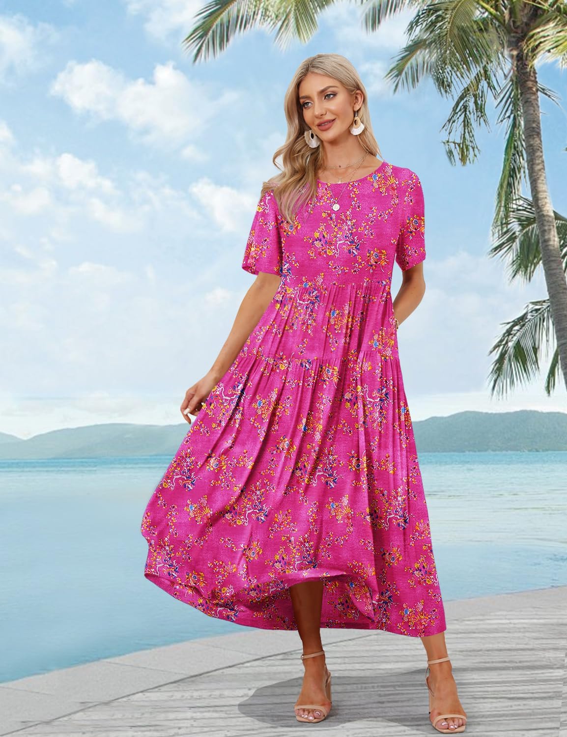 Laurice Women's Bohemian Maxi Dress – Long Floral Dress with Short Sleeves, High Waist & Pockets