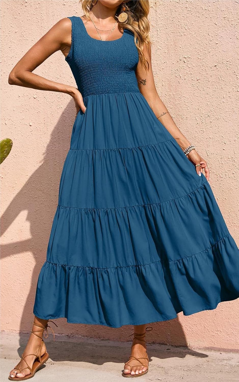 Rochie maxi Élina pentru femei – rochie smock fără mâneci, croială în A, vară boemă