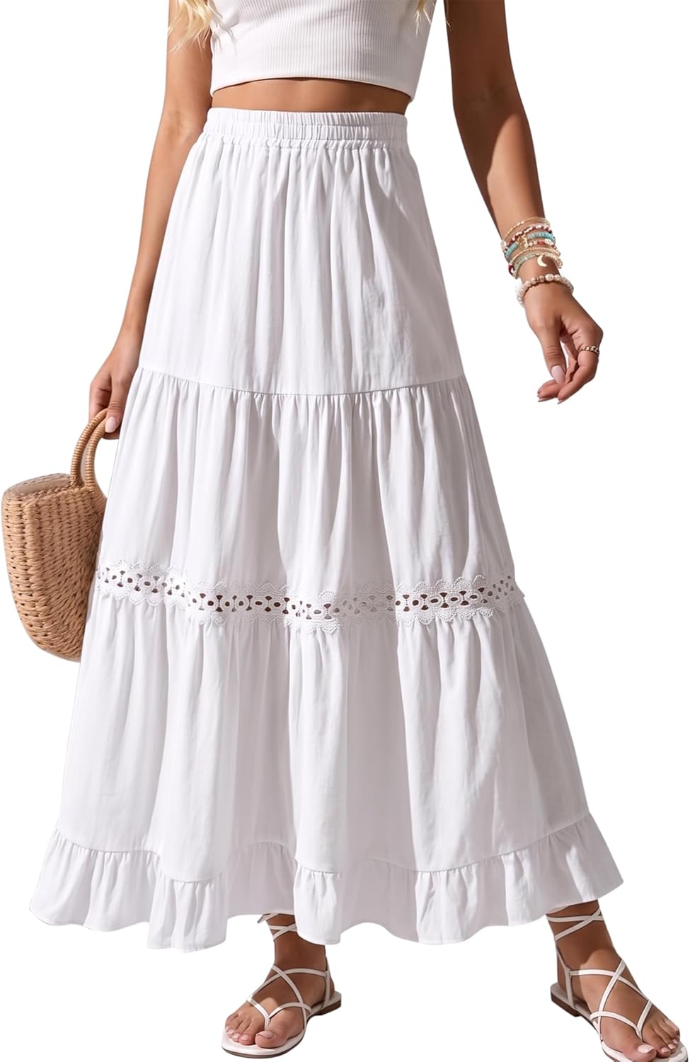 Saia Edith Jupe Maxi Feminina – Saia Boémia de Algodão, Renda de Croché e Folhos