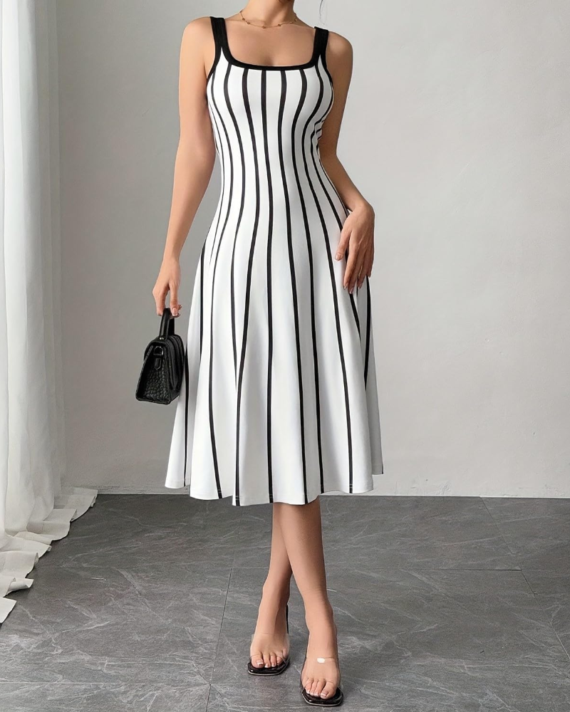 Torianna Midi-jurk Dames – Verticale Strepen, Vierkante Hals & Elegante Aansluitende Pasvorm