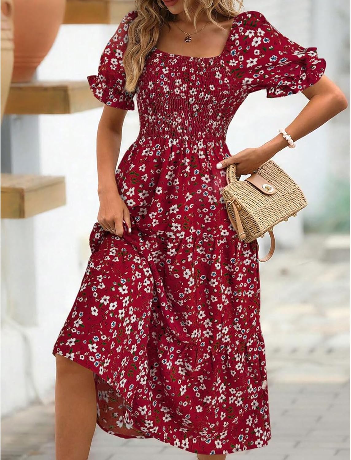 Vestido Angeli para mujer con flores – mangas abullonadas, cintura anudada, corte mini verano chic