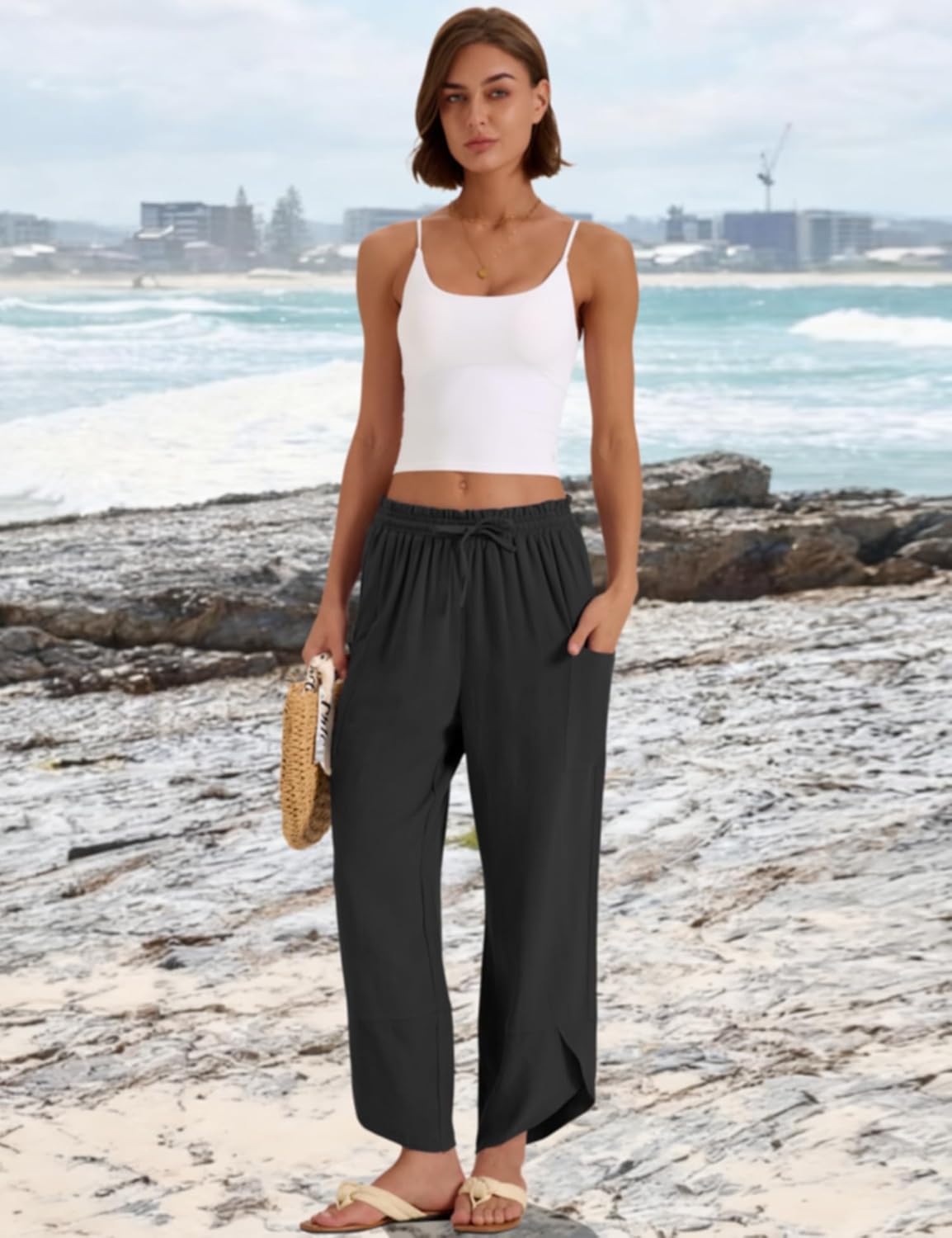 Jade Pantalon Femme – Capri Palazzo Lin Bohème Large Taille Élastique & Poches