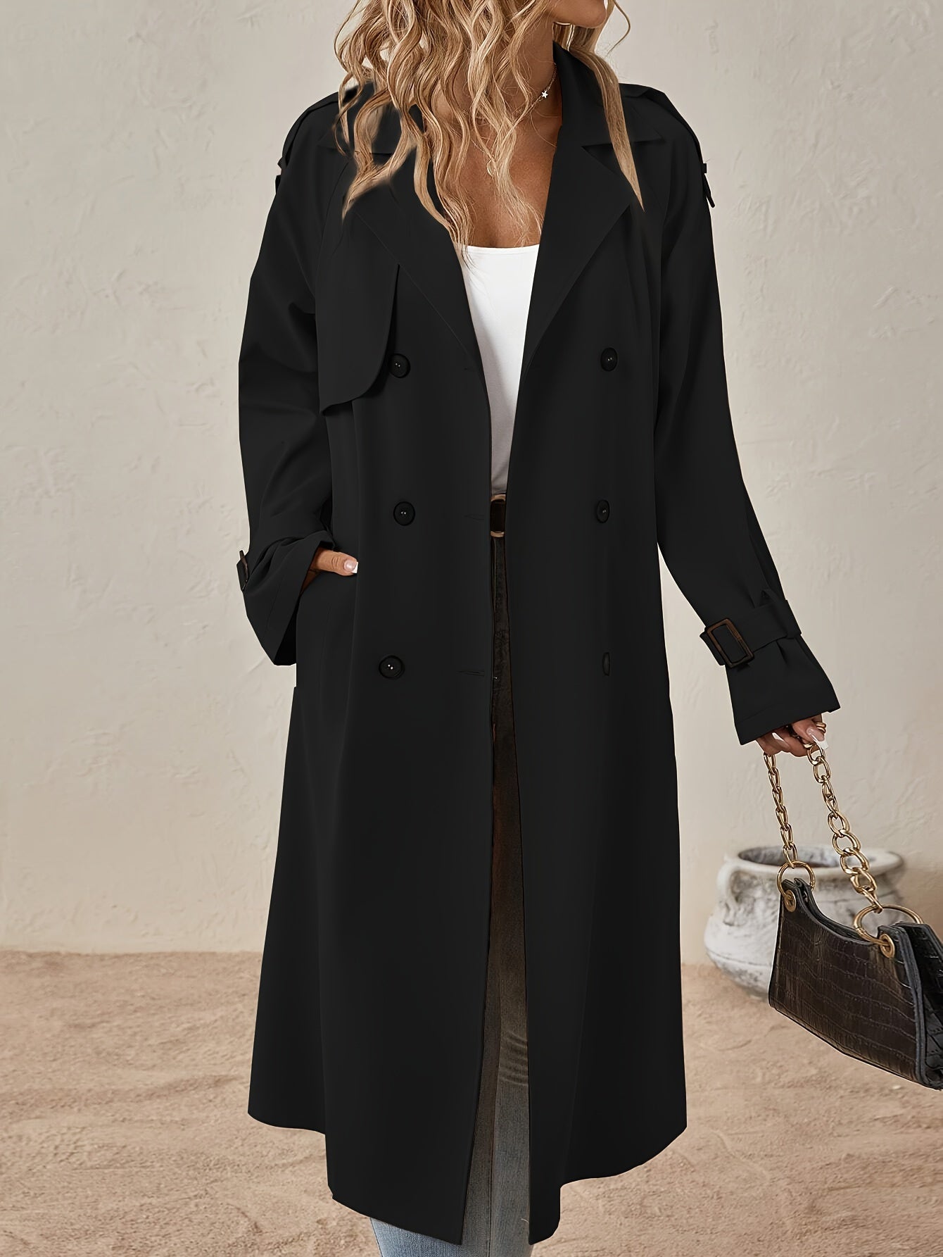 Eshita Trench pour femme – Elegant lang frakke i bomuldsblanding med struktureret pasform og knaplukning