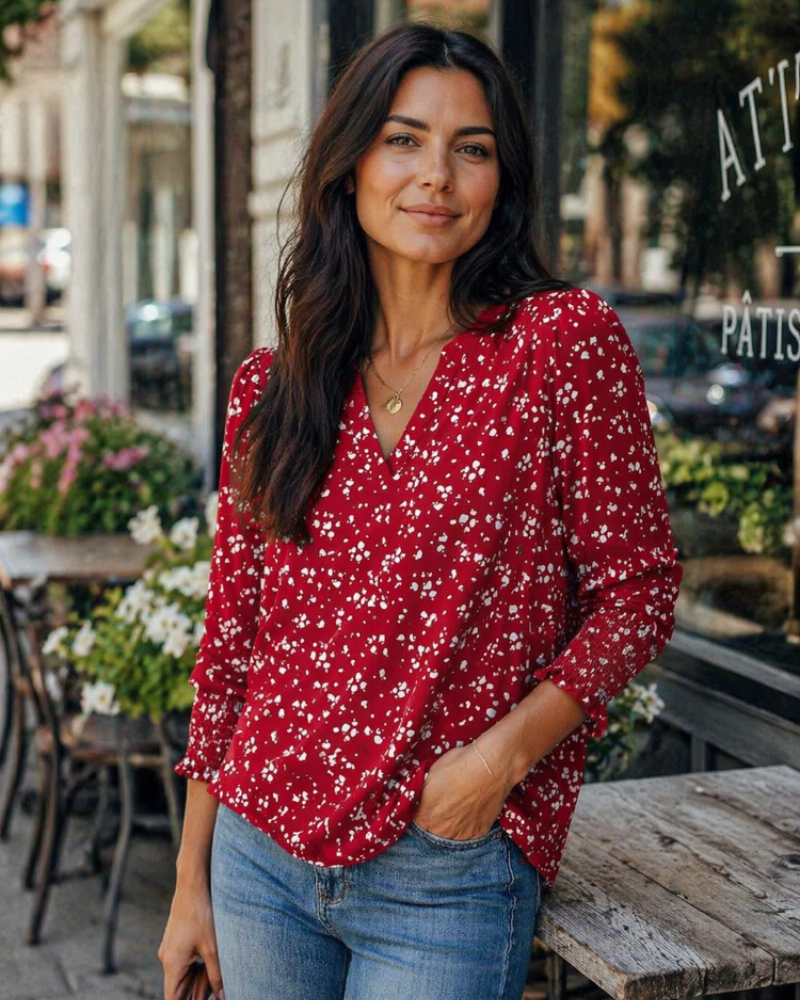 Veda Blouse Femme – Top Col V Manches 3/4 Bouffantes & Poignets Smockés Chic