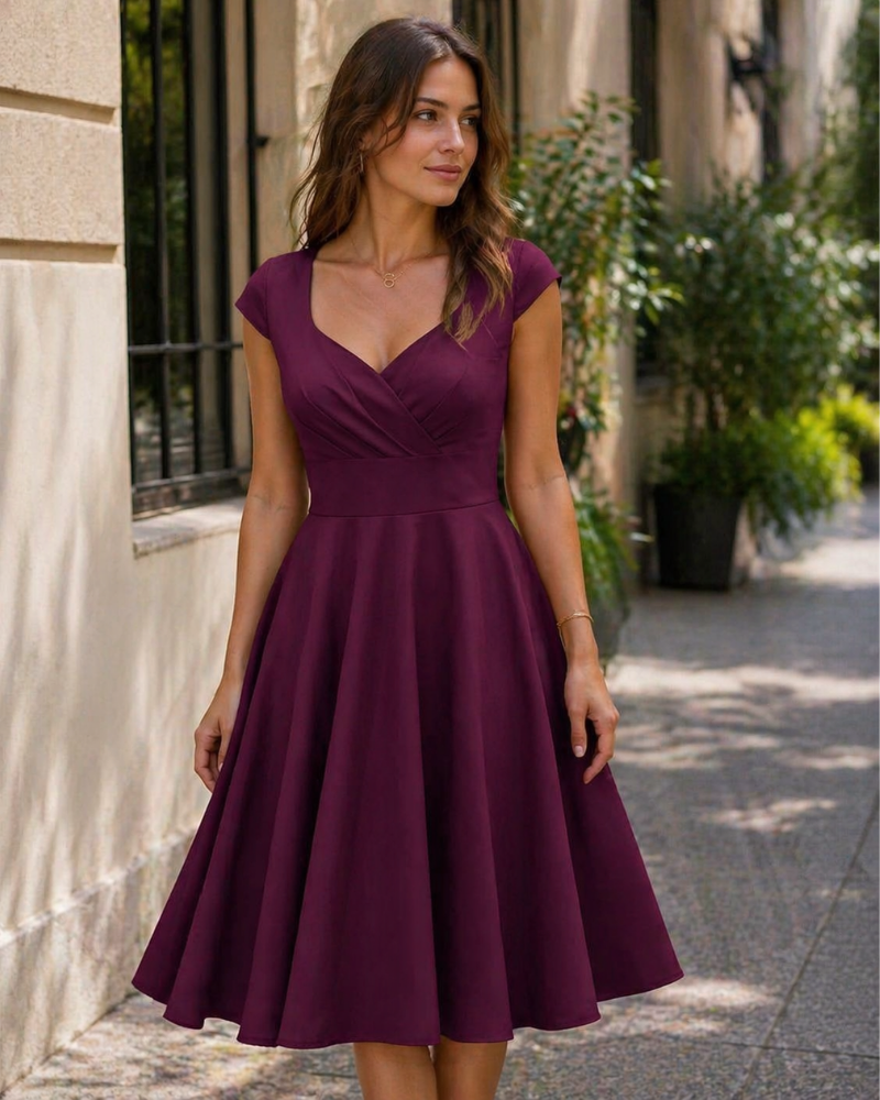 Gwen Robe Vintage Femme – Style Années 50, Col V & Longueur Genou Élégante