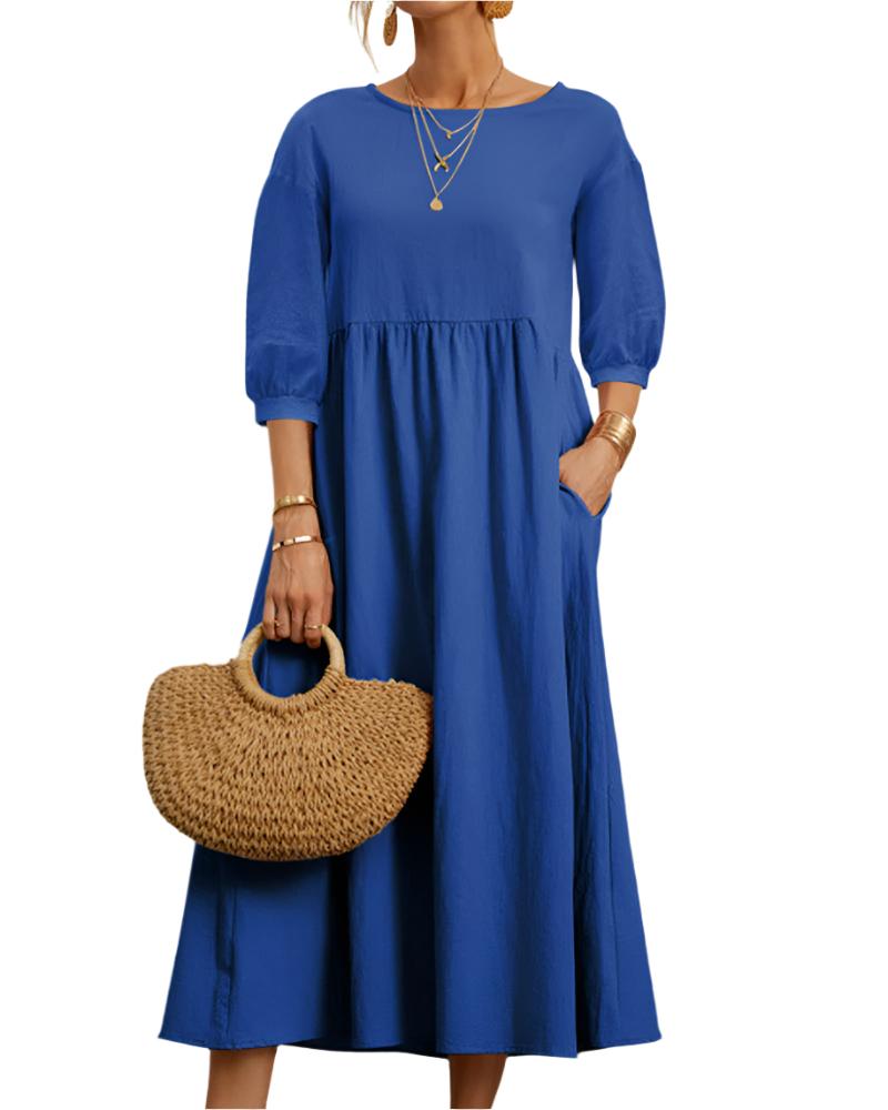 Flore Robe Midi Femme – Baumwolle Leinen Atmungsaktiv, Rundhalsausschnitt, Laternenärmel, Sommerlicher Komfort