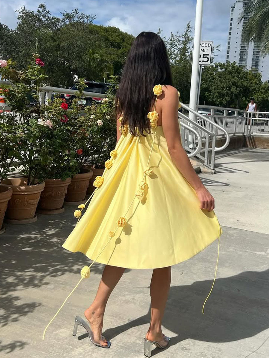 Genesis Robe d'Été Femme – Gul bomulds kjole i A-linje med blomstrede stropper & let pasform