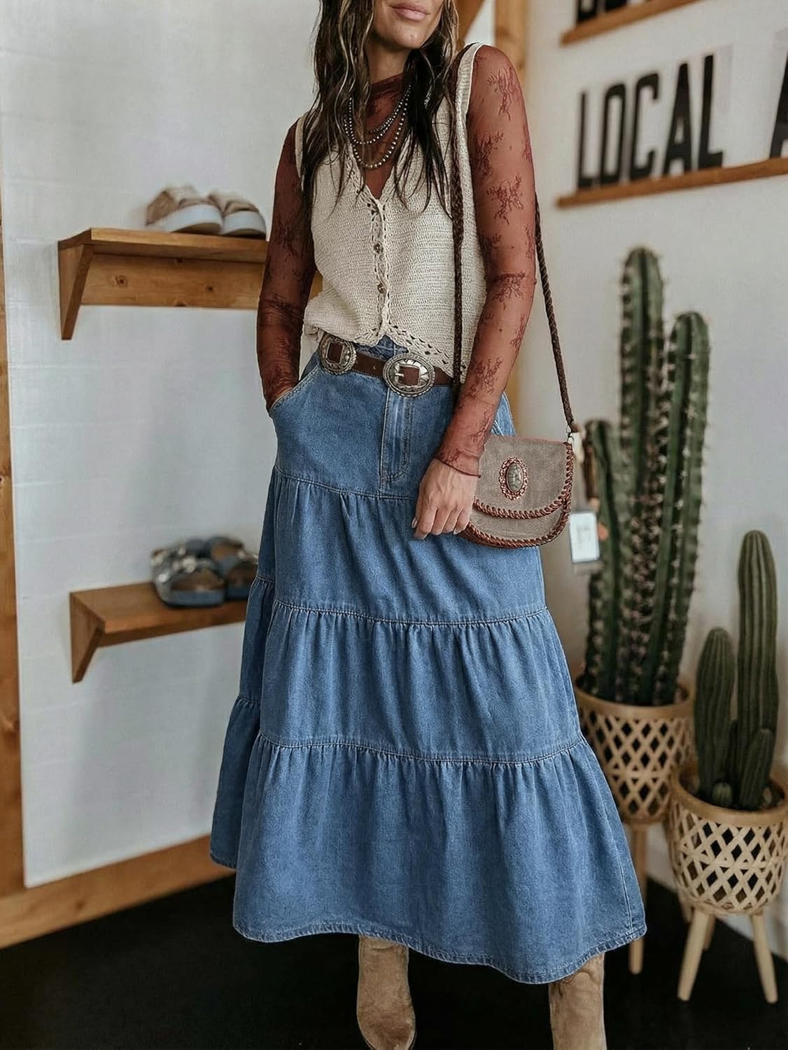 Saia Jeans Verna para Mulher – Saia Maxi de Ganga de Cintura Alta, Folhos e Bolsos