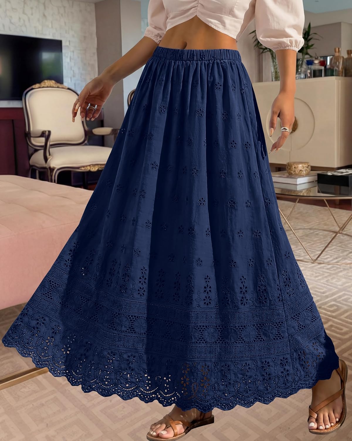 Marie Dowerme Jupe Maxi Femme – Taille Haute Élastique, Coton Brodé Bohème A-Line