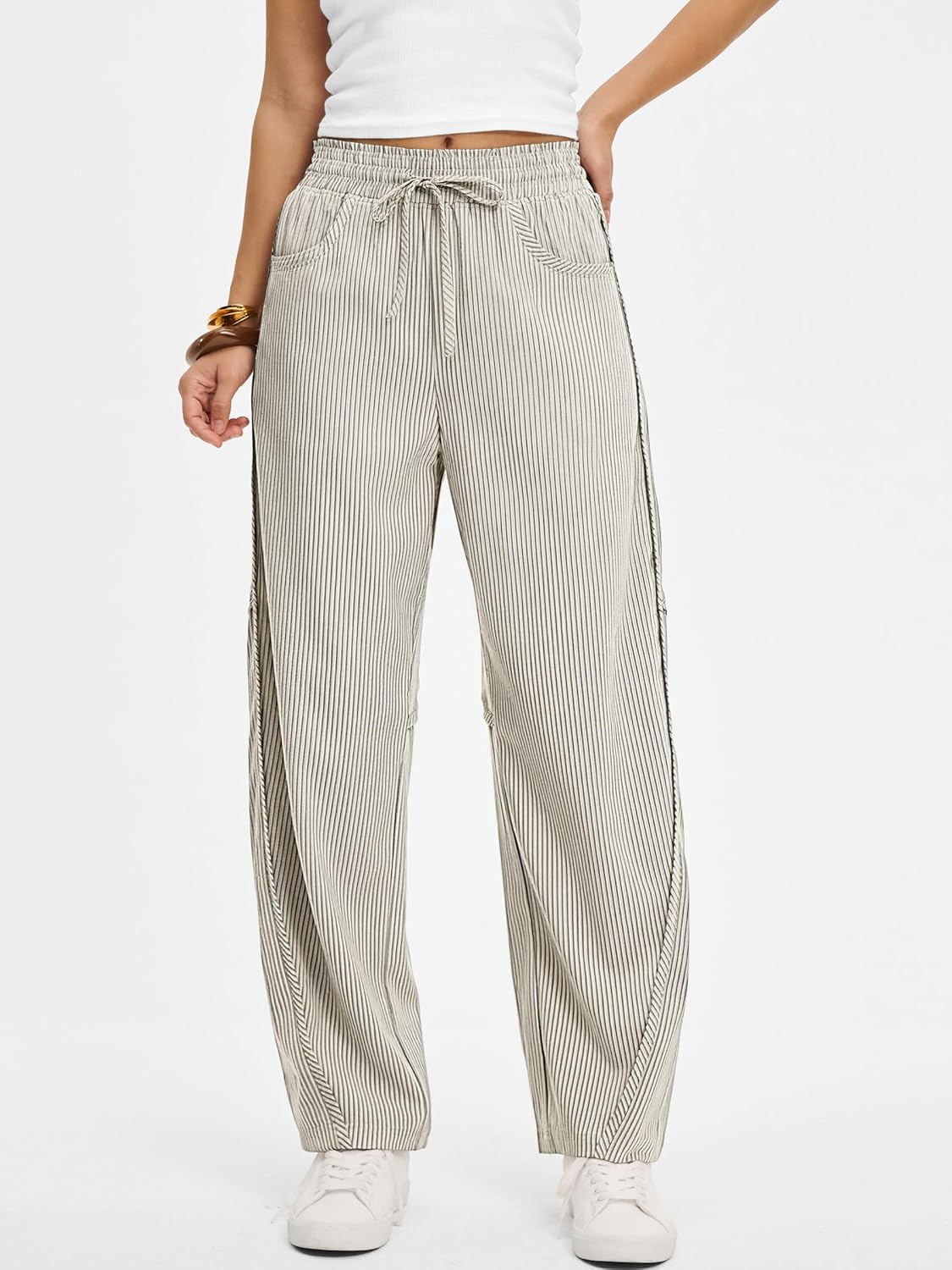 Kim Pantalon damă cu dungi Barrel – croială largă, talie elastică, stil casual