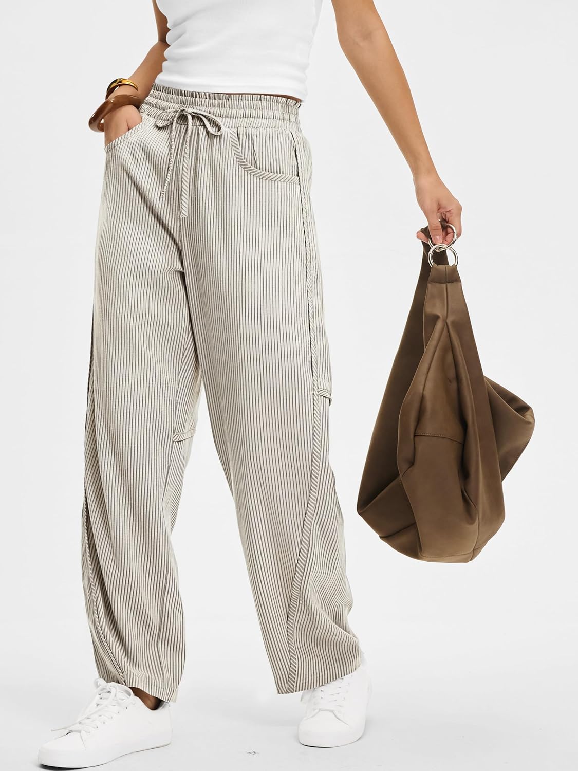 Kim Pantalon damă cu dungi Barrel – croială largă, talie elastică, stil casual