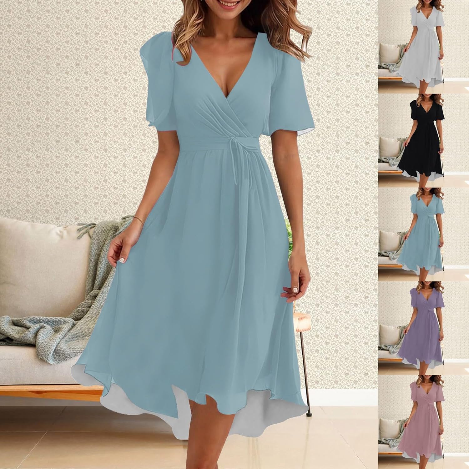 Amélie Rochie Damă – Rochie Midi din Șifon cu Guler în V, Mâneci Scurte, Talie Petrecută Elegantă