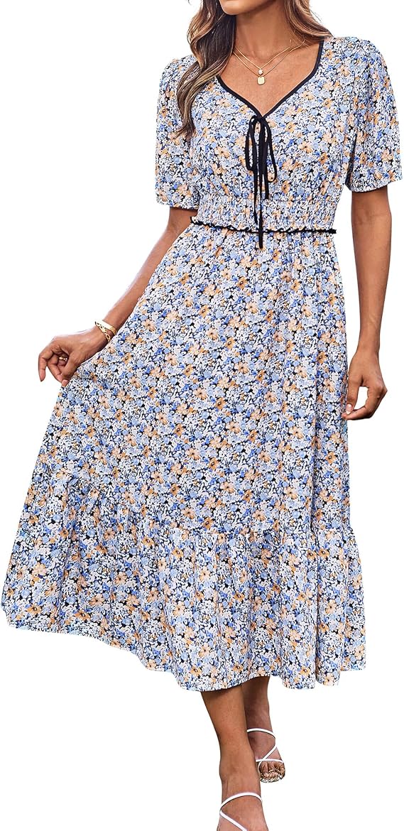 Tasha Robe Midi Femme – Col V, Taille Smockée & Coupe A-Line Élégante Été