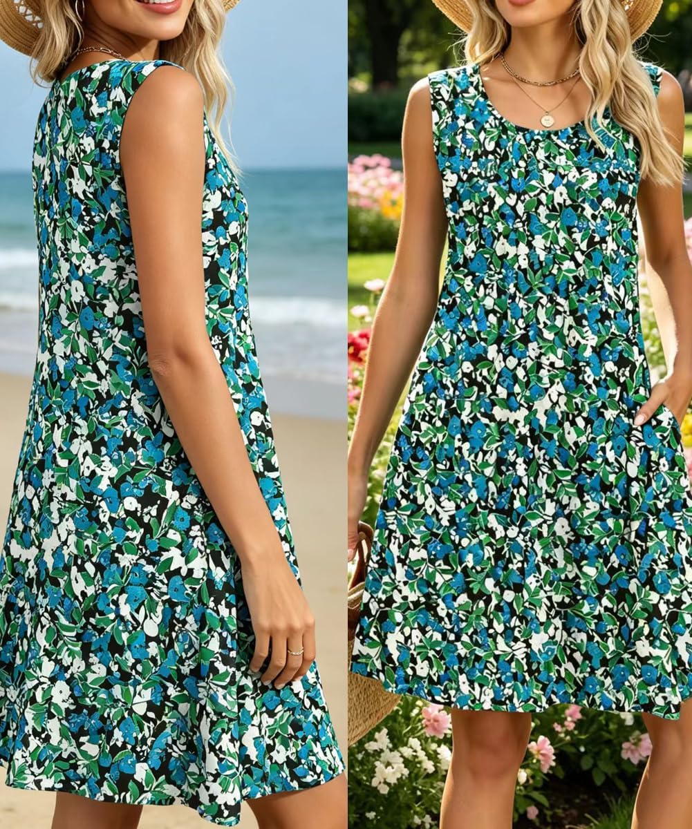 Rochie Midi Elise pentru Femei – Rochie Florală fără Mâneci cu Guler Rotund și Buzunare pentru Vară