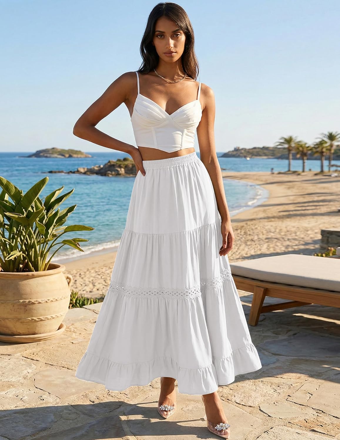 Edith Jupe Maxi Femme – Jupe Bohème Coton, Dentelle Crochet & Volants
