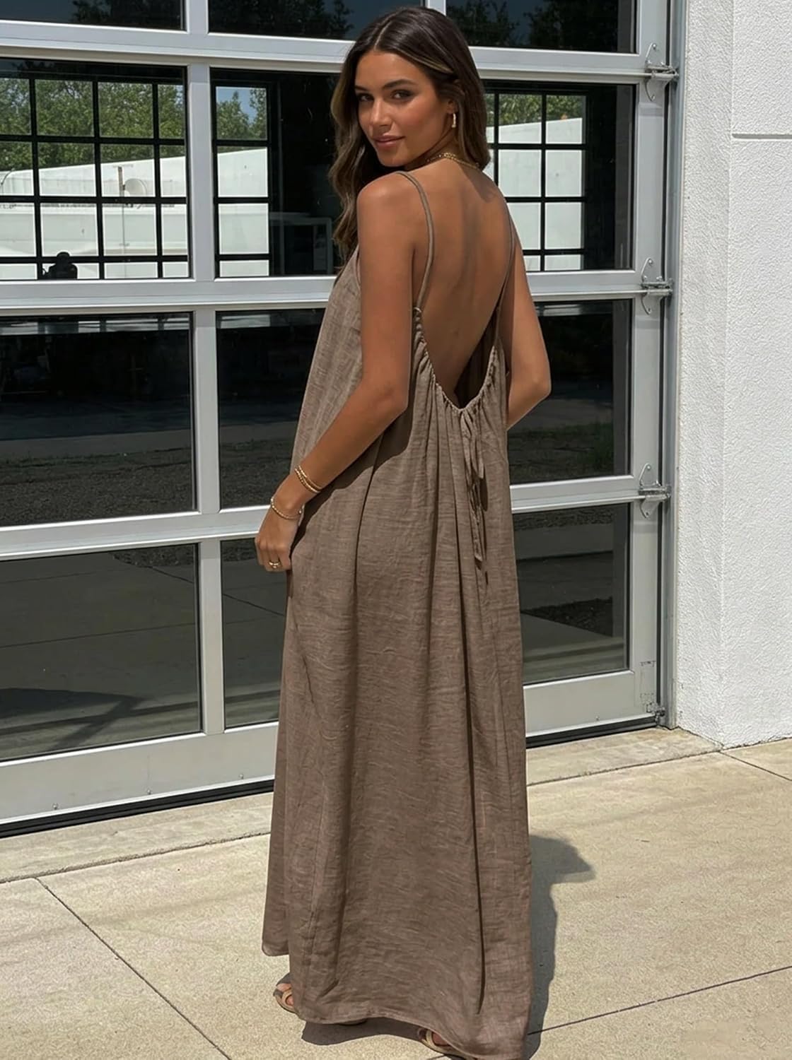 Luna Kleid Maxi Damen – Kleid mit offenem Rücken, feinen Trägern, Leinenoptik, Sommer Bohème