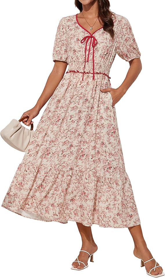 Tasha Robe Midi Femme – Col V, Taille Smockée & Coupe A-Line Élégante Été