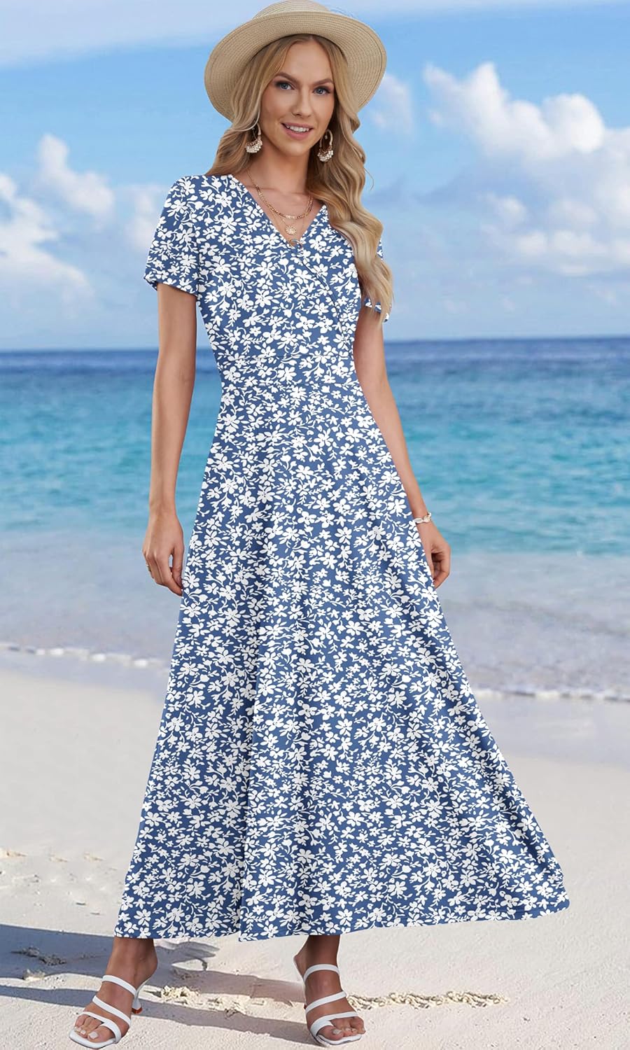 Rochie Analiz pentru femei – Rochie maxi boemă cu decolteu în V încrucișat, mâneci scurte, talie imperiu, buzunare, vară
