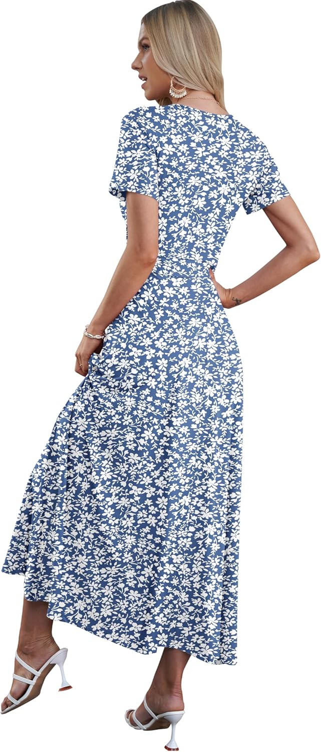 Rochie Analiz pentru femei – Rochie maxi boemă cu decolteu în V încrucișat, mâneci scurte, talie imperiu, buzunare, vară