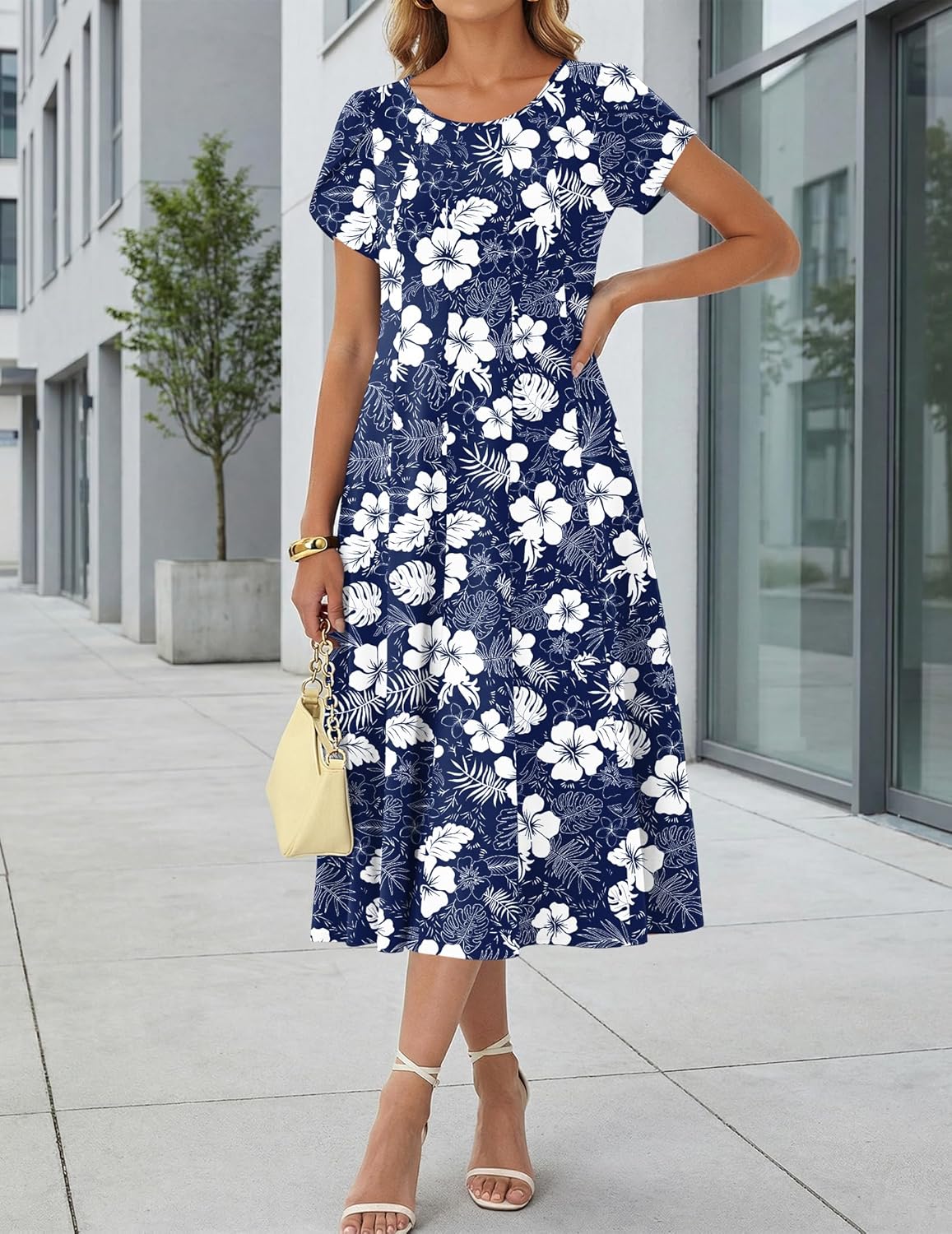 Amyrose Midi A-Line Dress for Women – Lightweight Summer Dress with Puff Sleeves & Pockets