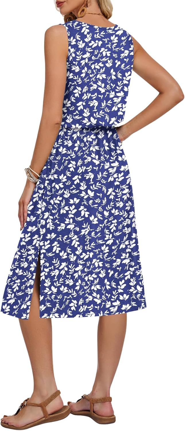 Vestido Léa para mujer – Vestido midi sin mangas con cuello redondo, abertura, bolsillos y cintura ajustable para verano