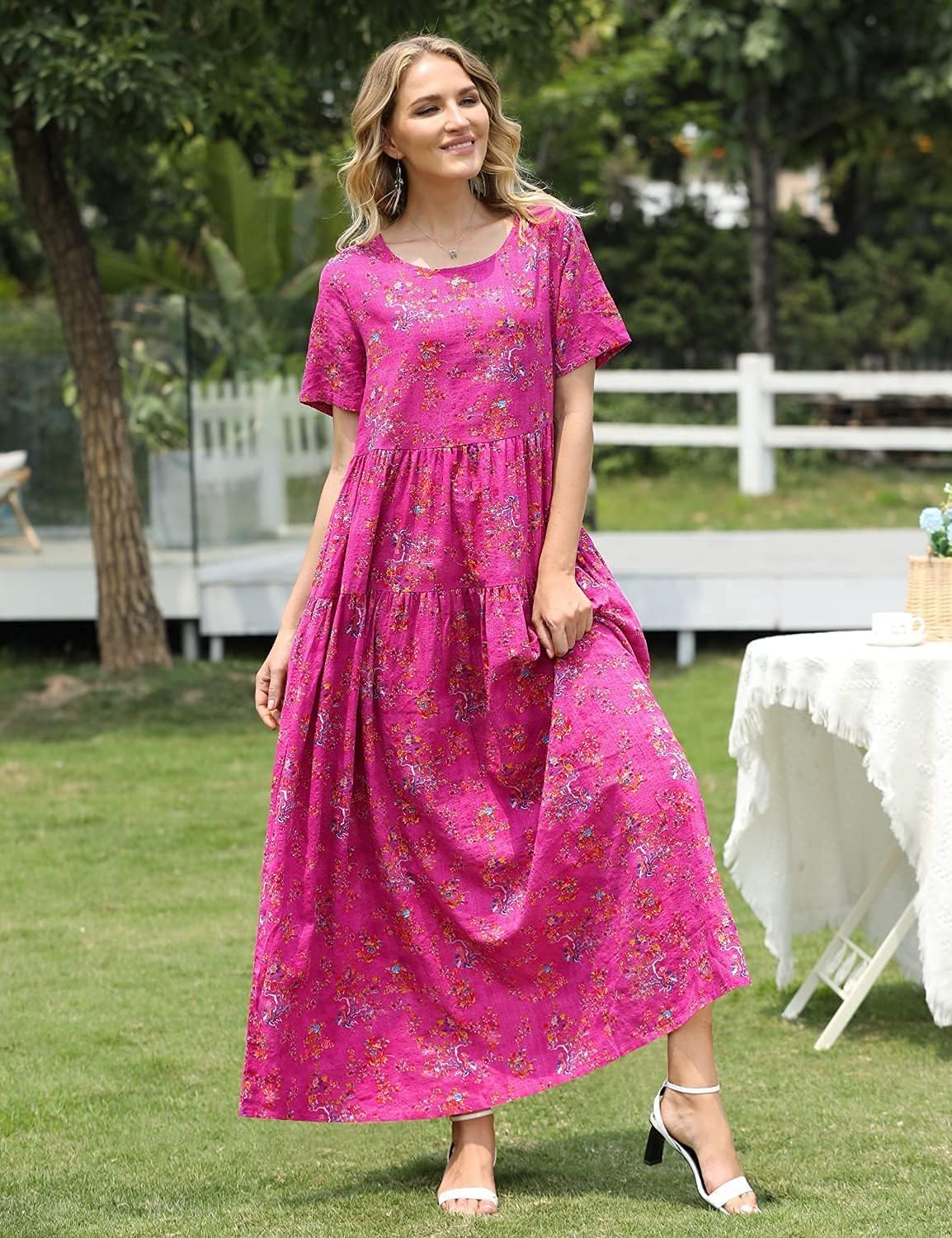Laurice Women's Bohemian Maxi Dress – Long Floral Dress with Short Sleeves, High Waist & Pockets