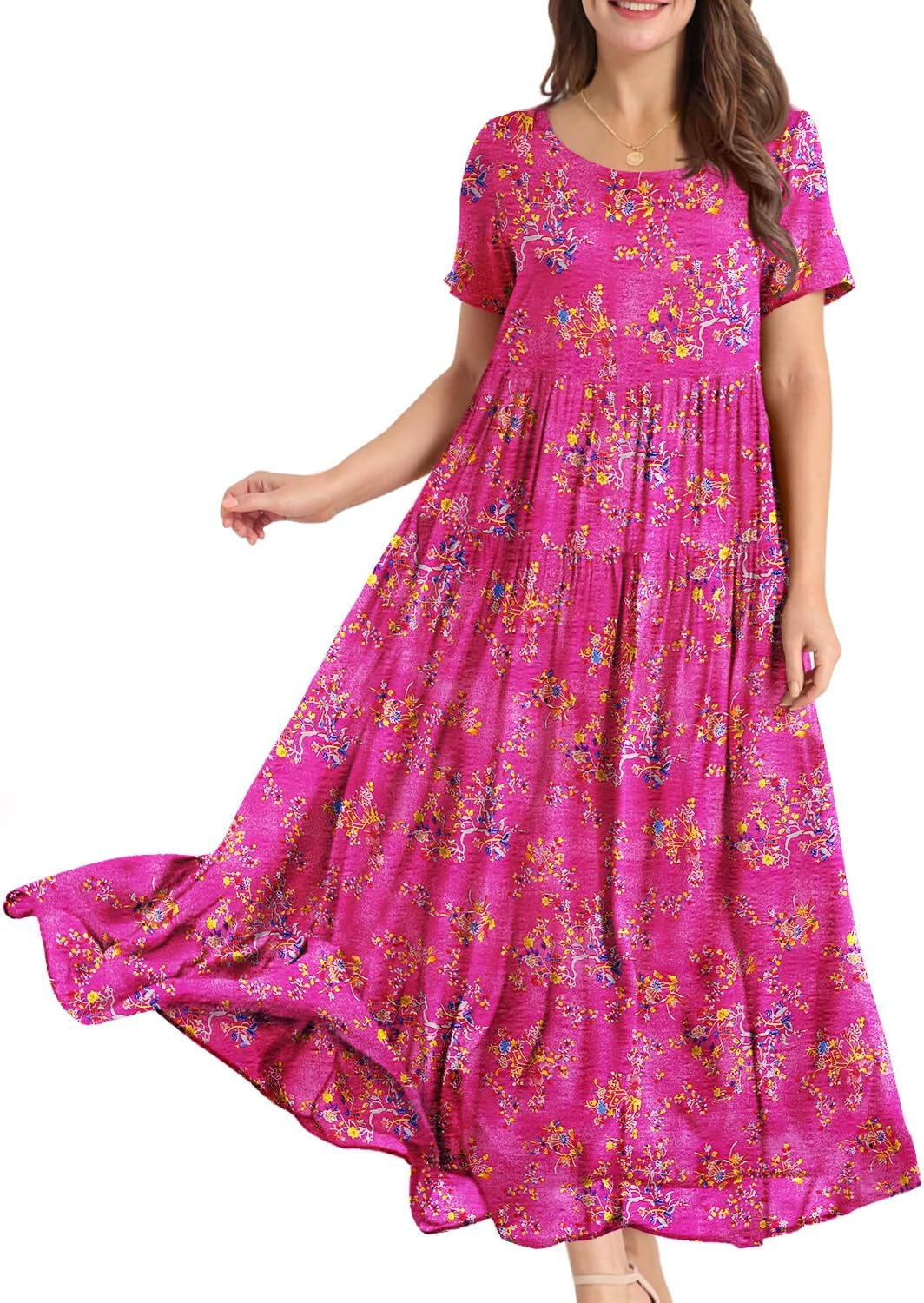 Laurice Women's Bohemian Maxi Dress – Long Floral Dress with Short Sleeves, High Waist & Pockets