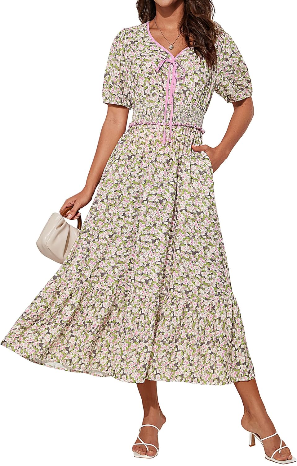 Tasha Robe Midi Femme – Col V, Taille Smockée & Coupe A-Line Élégante Été