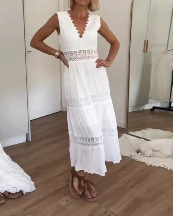 Benelyn Φόρεμα Maxi Γυναικείο – Λευκό Boho Φόρεμα από Ελαφρύ Βαμβάκι με Λεπτομέρειες από Απαλή Δαντέλα