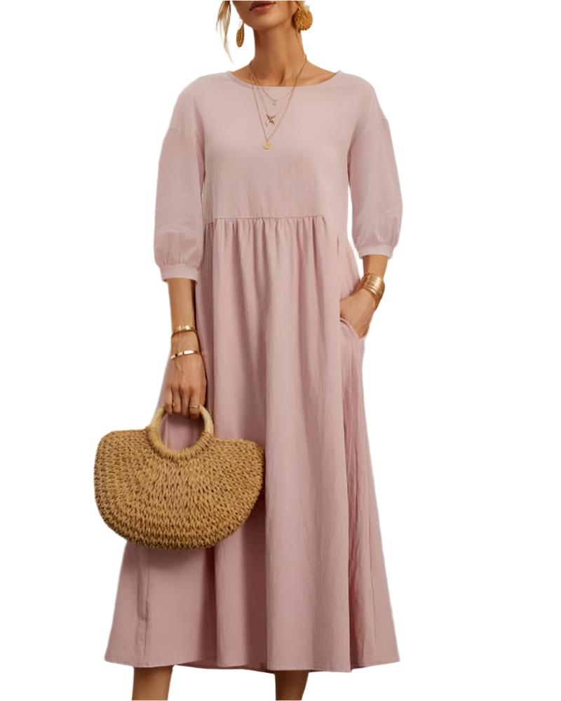 Flore Robe Midi Femme – Baumwolle Leinen Atmungsaktiv, Rundhalsausschnitt, Laternenärmel, Sommerlicher Komfort
