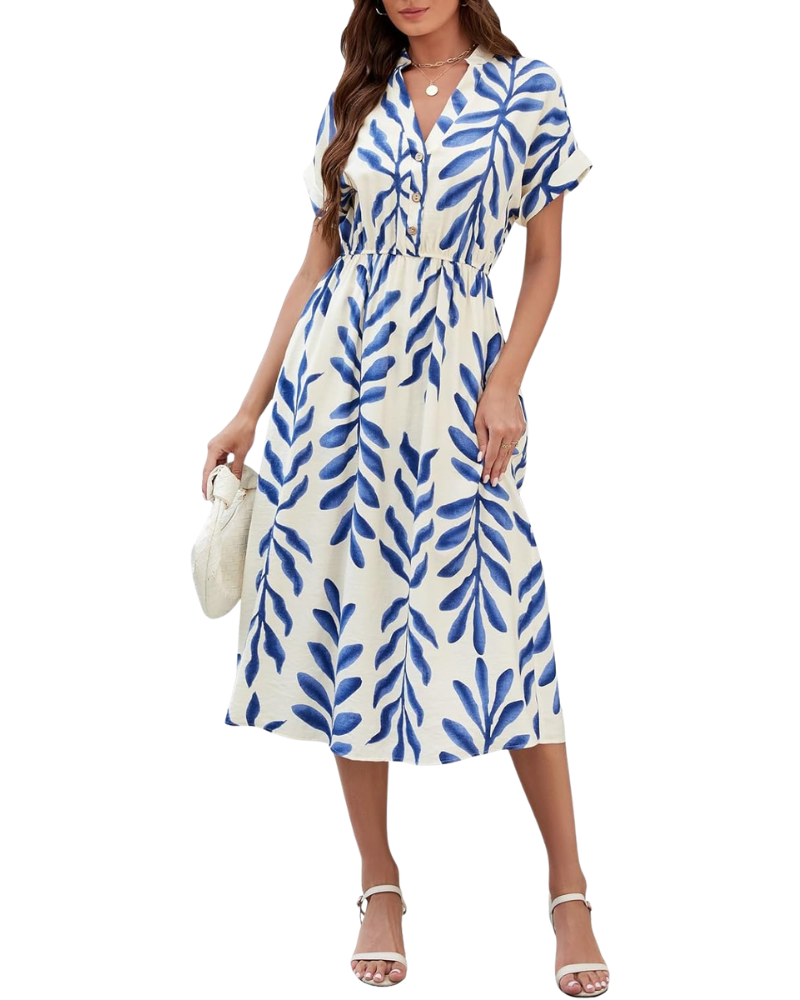 Rosita Robe Femme Bohème – Col V, Manches Courtes, Taille Haute, Poches Été