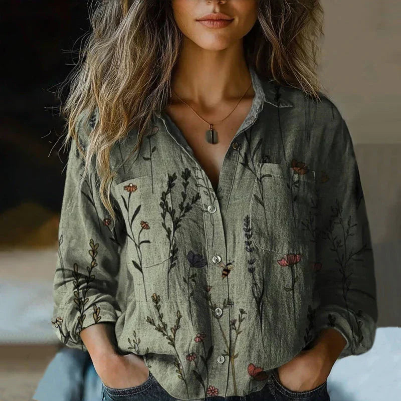 Blusa Mira Vintage Femme – Blusa Aérée con Estampado Étnico, Cuello con Solapa y Mangas Largas