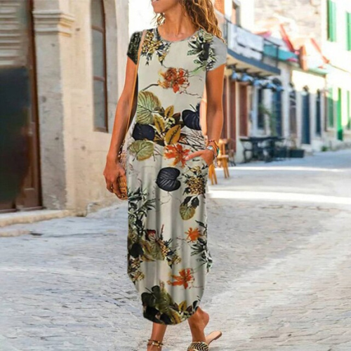 Caroline Robe Maxi Femme – Coton & Lino, Corte Fluido y Motivo Atemporal