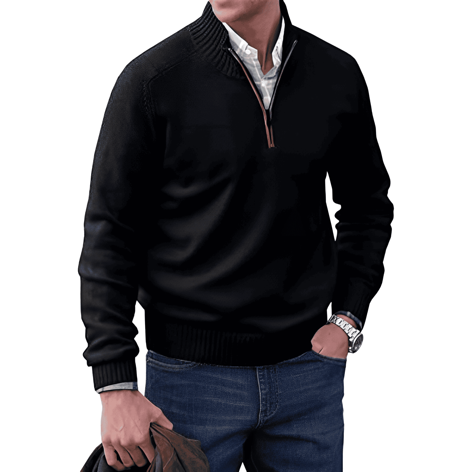 Maglione con cerniera in cashmere da uomo Adrian: maglia leggera e traspirante con elegante collo alto