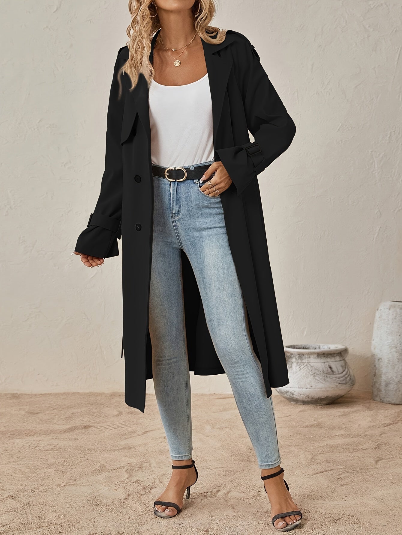 Eshita Trench pour femme – Elegant lang frakke i bomuldsblanding med struktureret pasform og knaplukning