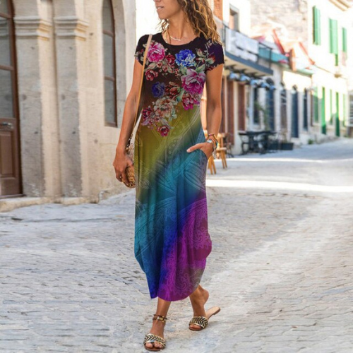 Caroline Robe Maxi Femme – Coton & Lino, Corte Fluido y Motivo Atemporal