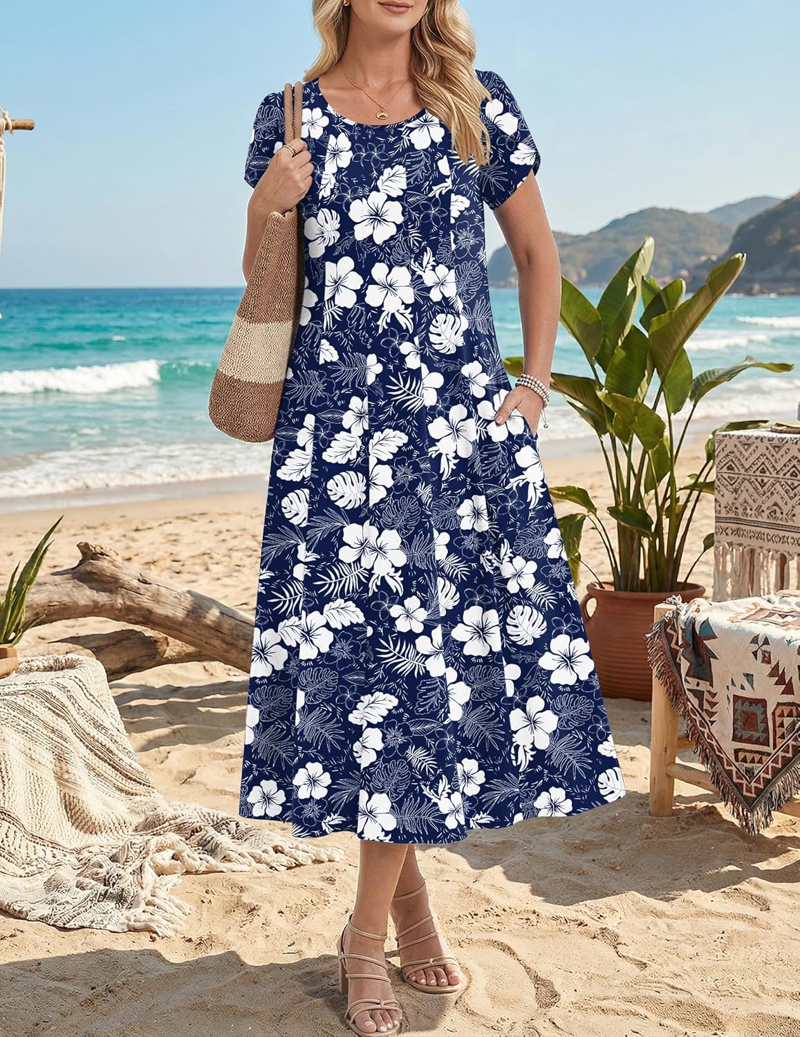 Amyrose Midi A-Line Dress for Women – Lightweight Summer Dress with Puff Sleeves & Pockets
