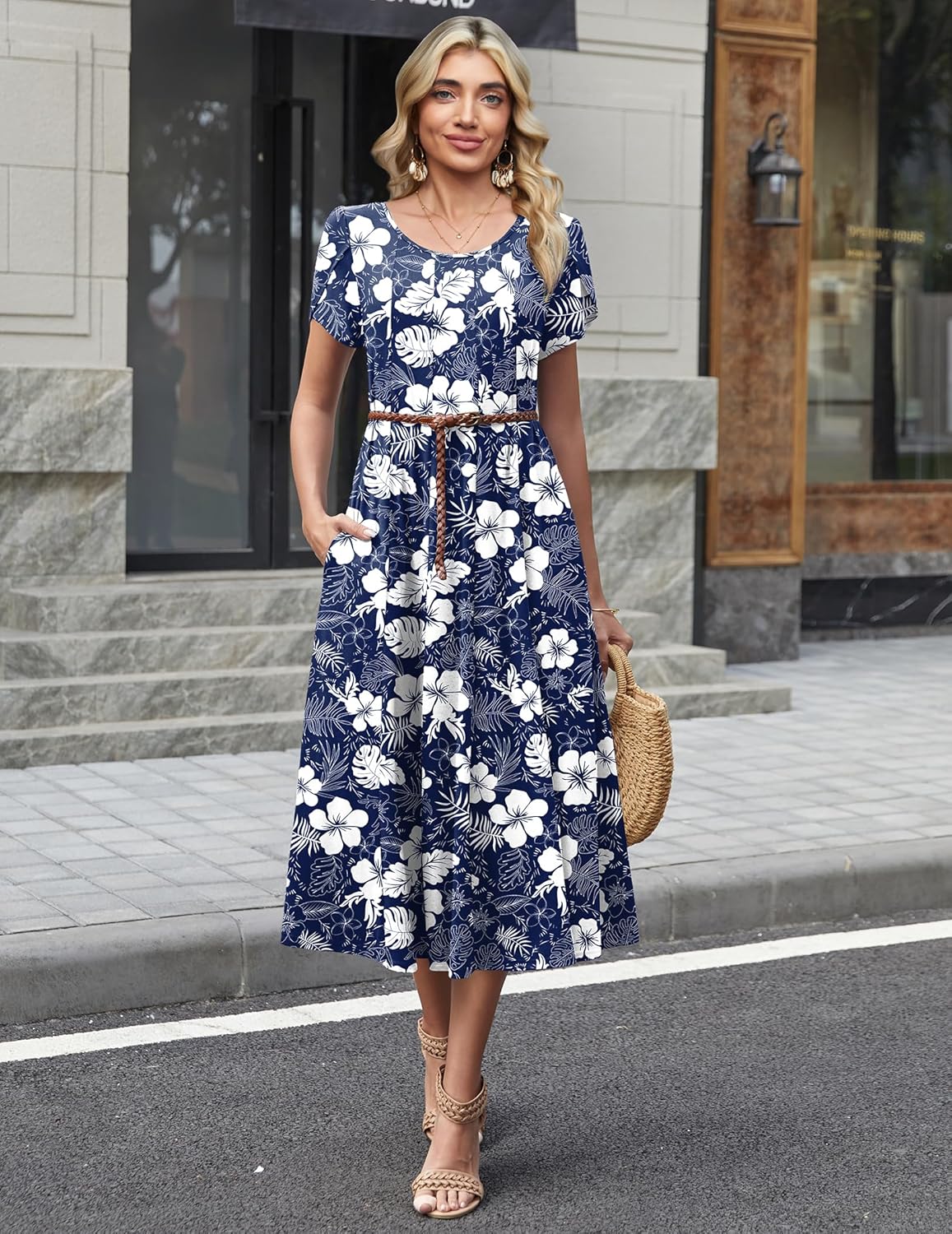 Amyrose Midi A-Line Dress for Women – Lightweight Summer Dress with Puff Sleeves & Pockets