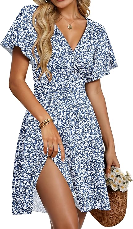 Summer Women's Taffy Robe – Cross V-Neck, Ruffled Sleeves & Elegant A-Line Cut
