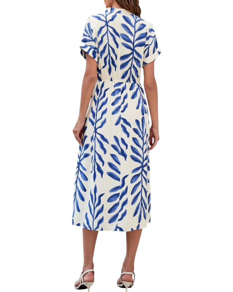 Rosita Robe Femme Bohème – Col V, Manches Courtes, Taille Haute, Poches Été