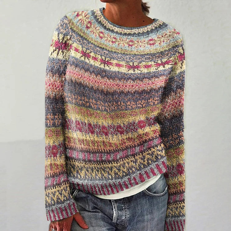 Hanna Pulover Damă – Pulover Vintage Lejer cu Imprimeu Etnic & Stil Retro Elegant