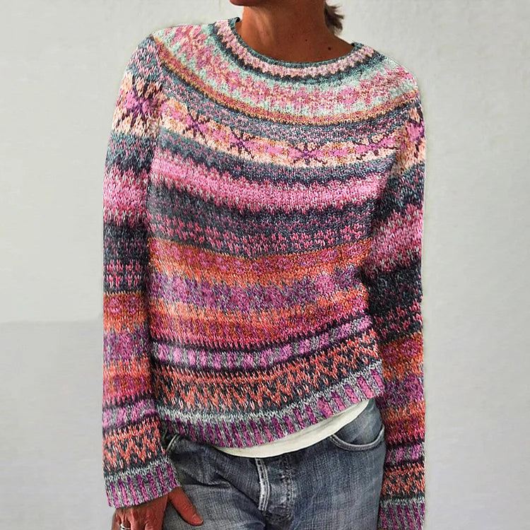 Hanna Pulover Damă – Pulover Vintage Lejer cu Imprimeu Etnic & Stil Retro Elegant
