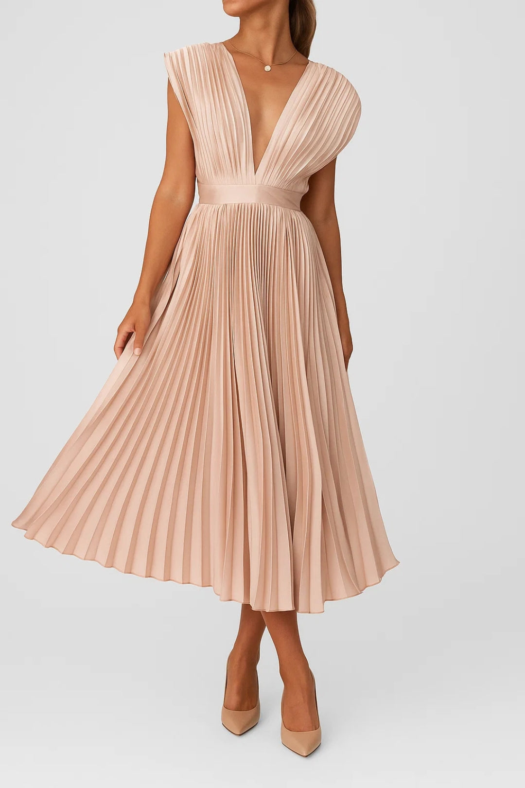 Xiomara Robe Femme – Robe Midi Plissée Élégante avec Décolleté en V & Taille Cintrée