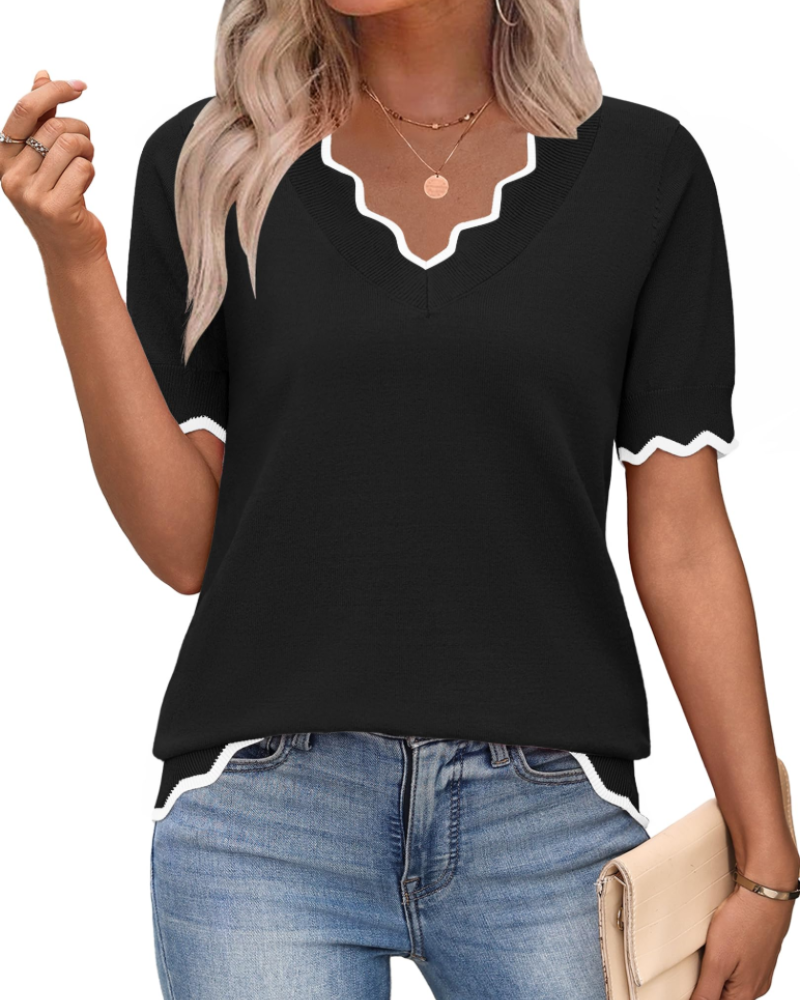 Amirah Top Donna – Maglia Leggera Maniche Corte Scollo a V Elegante Business Casual